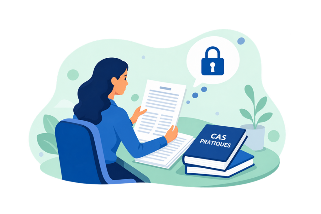 Médiatrice qui analyse un document confidentiel et des cas pratiques, formation sur la confidentialité en médiation de l'IMAQ